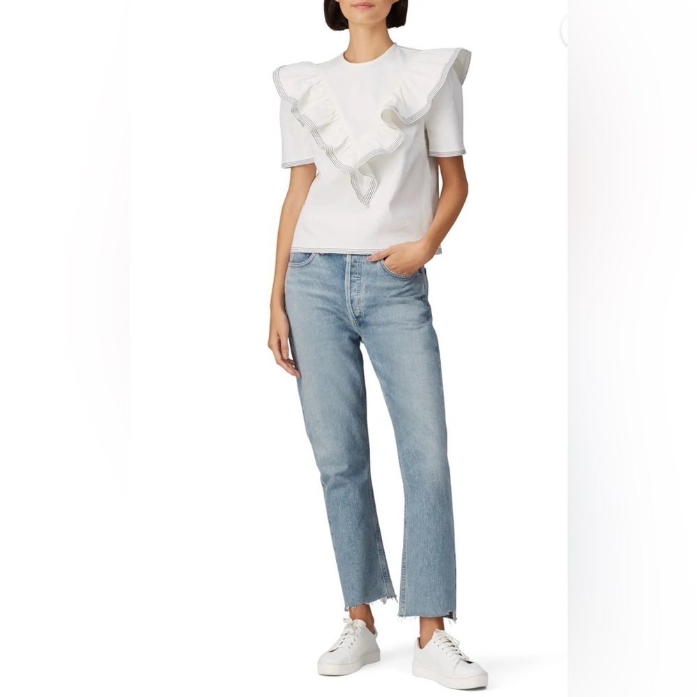 Saylor Anthropologie White Ruffle Sleeve Nautical Harriette Denim Top Size XS - Picture 3 of 12